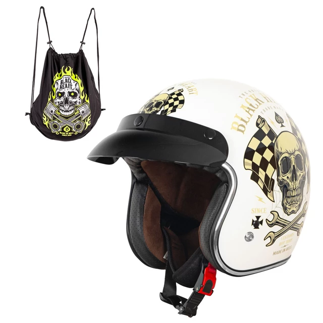 Kask motocyklowy otwarty chopper W-TEC Black Heart Kustom - Skull, czarny połysk - Starter, biały połysk