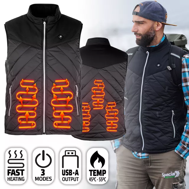 Ogrzewana kamizelka bezrękawnik męski inSPORTline Warmhim ∙ grzanie włóknem węglowym ∙ strefy brzuch/plecy/kręgosłup ∙ powerbank USB - Czarny
