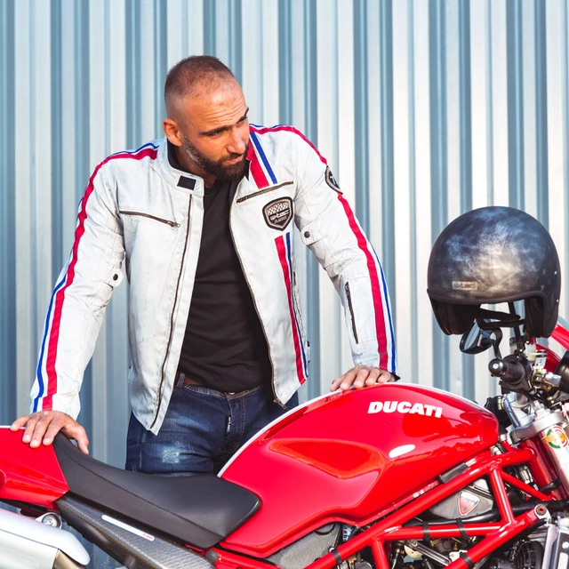 Męska kurtka motocyklowa W-TEC 91 Cordura - biała z czerwono-niebieskim paskiem