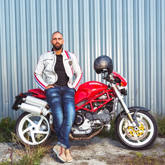 Męska kurtka motocyklowa W-TEC 91 Cordura - biała z czerwono-niebieskim paskiem