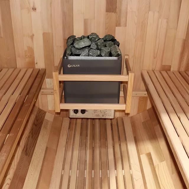 Beczkowa sauna ogrodowa inSPORTline Viduor 300 ∙ zewnętrzna z werandą ∙ dla 3 osób ∙ cedrowe drewno ∙ zestaw akcesoriów ∙ moc 6 kW