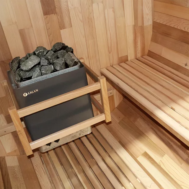 Beczkowa sauna ogrodowa inSPORTline Viduor 300 ∙ zewnętrzna z werandą ∙ dla 3 osób ∙ cedrowe drewno ∙ zestaw akcesoriów ∙ moc 6 kW