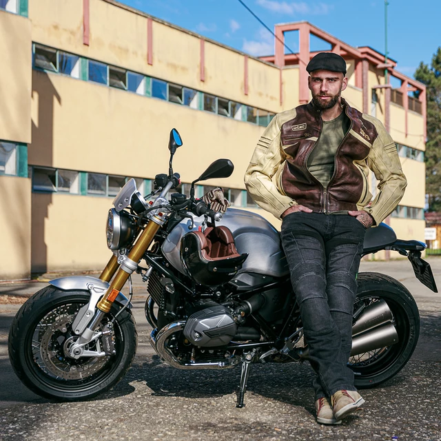 Męska skórzana kurtka motocyklowa W-TEC Retro - czarno-brązowo-beżowy