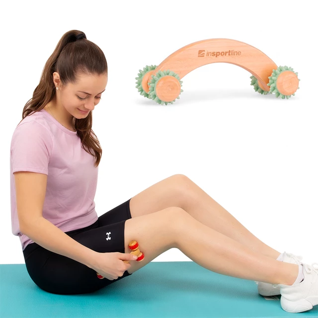 Drewniany masażer całego ciała inSPORTline Kerung ∙ 4 rolki z wypustkami ∙ długość 16 cm ∙ drewno wiśniowe - Niebieski