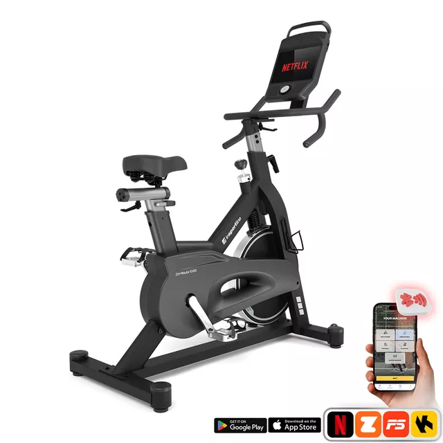 Rower spinningowy inSPORTline ZenRoute 1200 ∙ 22 kg koło zamachowe ∙ nośność 150 kg ∙ 32 poziomy obciążenia ∙ ekran 10,1" z Netflix