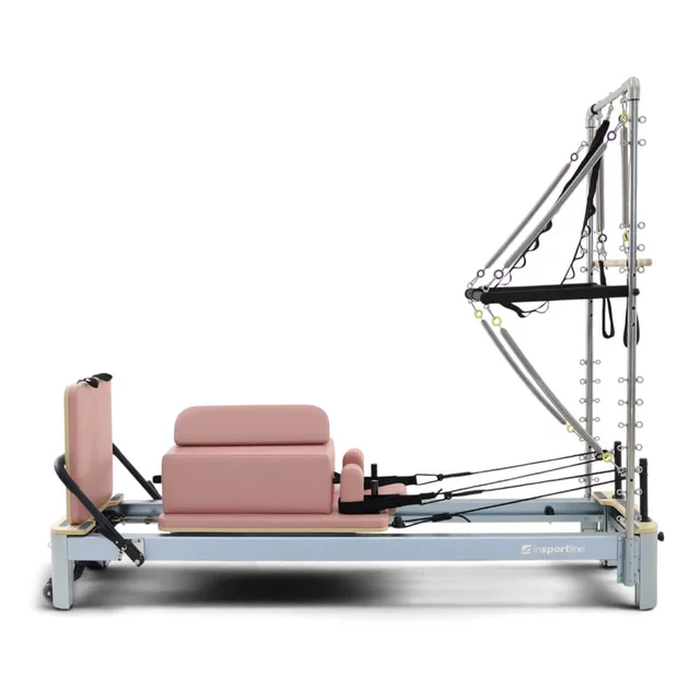 Reformer do pilatesu inSPORTline Oquiler ∙ system sprężynowy ∙ nośność 150 kg ∙ rama aluminiowa ∙ box w zestawie - Różowy