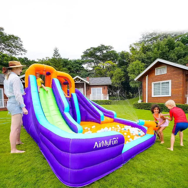 Dmuchany zamek dla dzieci inSPORTline AirMyFun Double Slide ∙ podwójna zjeżdżalnia ∙ ścianka wspinaczkowa ∙ basen wodny ∙ wspinaczka ∙ armatka wodna