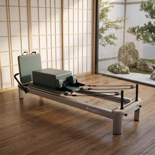 Reformer do pilatesu inSPORTline Oquiler ∙ system sprężynowy ∙ nośność 150 kg ∙ rama aluminiowa ∙ box w zestawie - Różowy - Zielony-niebieski