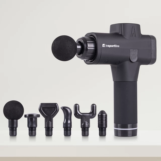 Wielofunkcyjny pistolet masujący inSPORTline Rondys ∙ 6 końcówek ∙ 20 poziomów ∙ 15 kg nacisku ∙ amplituda 12 mm