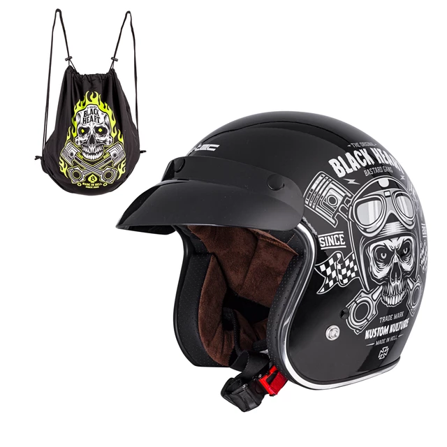 Kask motocyklowy otwarty chopper W-TEC Black Heart Kustom - Skull, czarny połysk - Skull, czarny połysk
