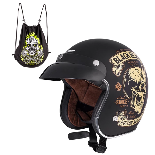 Kask motocyklowy otwarty chopper W-TEC Black Heart Kustom - Skull, czarny połysk - Skull Horn, matowy czarny