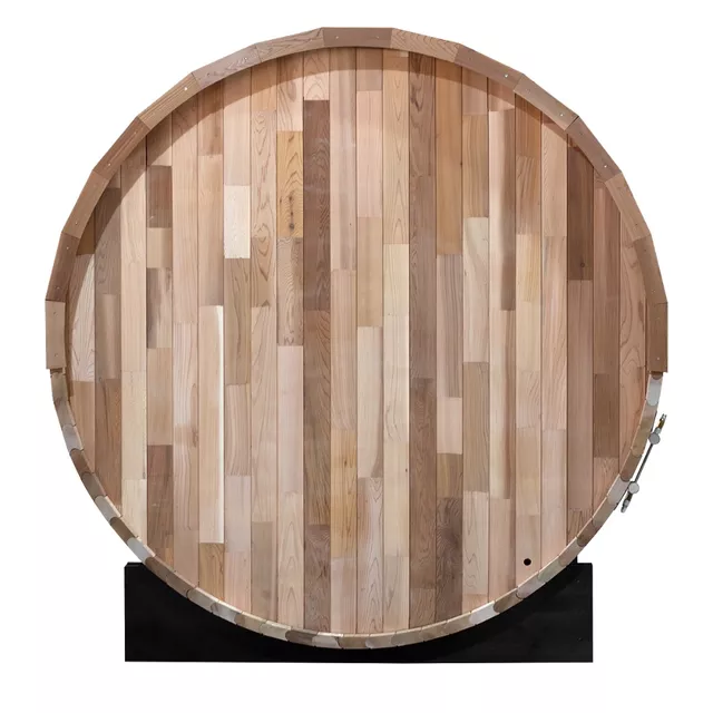 Beczkowa sauna ogrodowa inSPORTline Viduor 300 ∙ zewnętrzna z werandą ∙ dla 3 osób ∙ cedrowe drewno ∙ zestaw akcesoriów ∙ moc 6 kW
