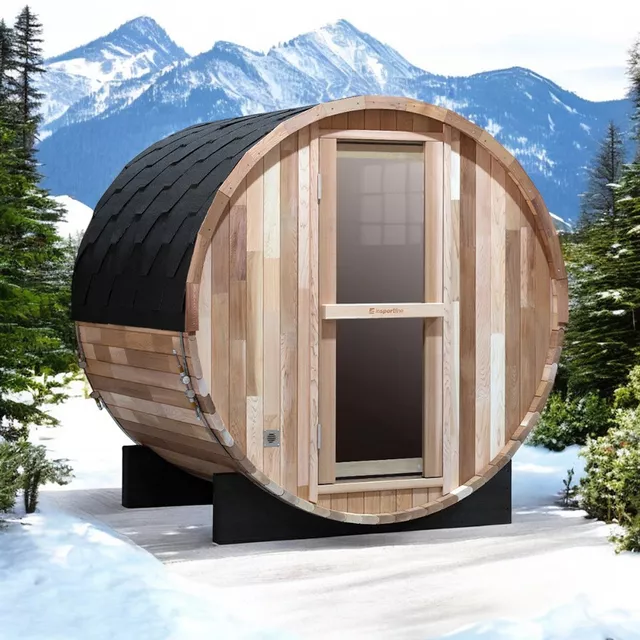 Beczkowa sauna ogrodowa inSPORTline Viduor 300 ∙ zewnętrzna z werandą ∙ dla 3 osób ∙ cedrowe drewno ∙ zestaw akcesoriów ∙ moc 6 kW