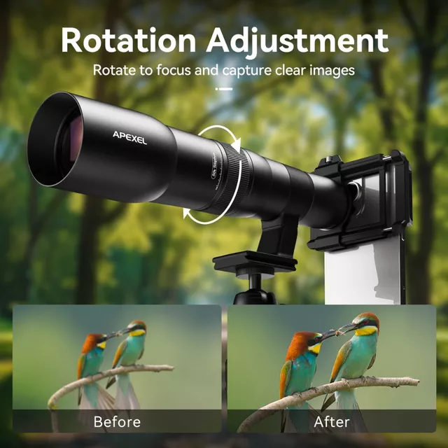 Teleobiektyw do smartfona Apexel ∙ 50x zoom optyczny ∙ adapter do statywu ∙ pilot zdalnego sterowania ∙ kompatybilny z iOS/Android ∙ konstrukcja aluminium/ABS