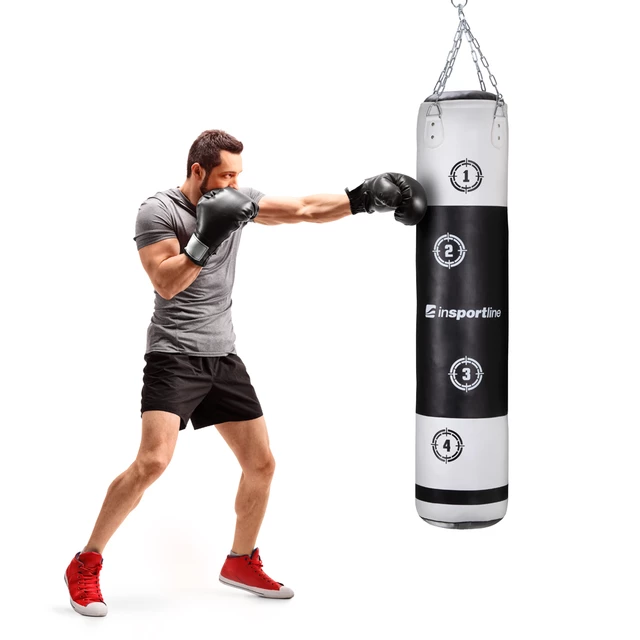 Worek bokserski treningowy inSPORTline Robkin 35x150cm ∙ waga 40 kg ∙ skóra syntetyczna ∙ z łańcuchami - Czarno-biały - Czarno-biały