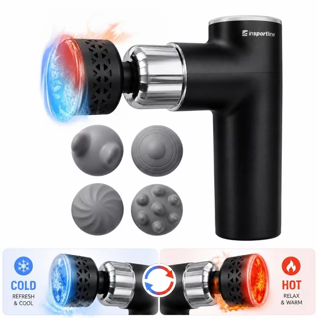 Pistolet do masażu z grzaniem i chłodzeniem inSPORTline ChillFrost ∙ 1800 mAh ∙ 1600-2800 obr./min ∙ 8 poziomów ∙ 4 głowice - Czarny - Czarny