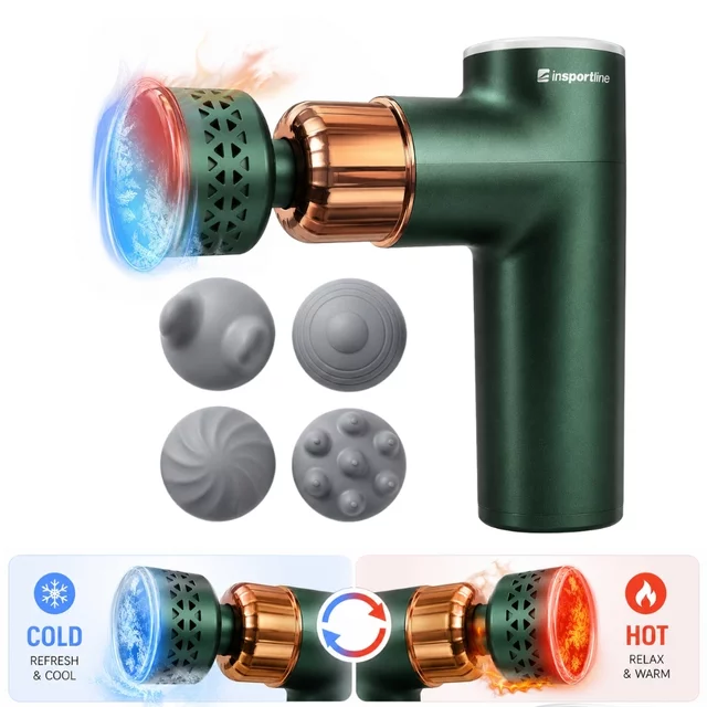 Pistolet do masażu z grzaniem i chłodzeniem inSPORTline ChillFrost ∙ 1800 mAh ∙ 1600-2800 obr./min ∙ 8 poziomów ∙ 4 głowice - Czarny - Zielony