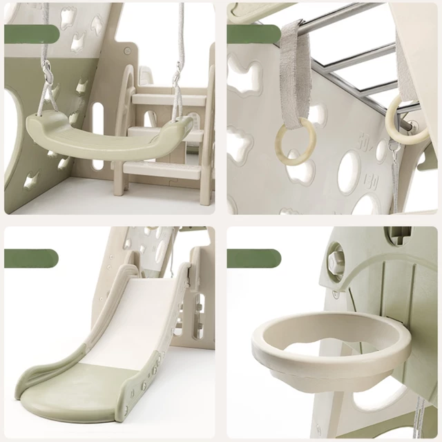 Wewnętrzny plac zabaw dla dzieci 6w1 inSPORTline Climbino ∙ wspinaczkowa ścianka ∙ zjeżdżalnia ∙ huśtawki ∙ koszykówka ∙ nośność 40 kg - Zielony