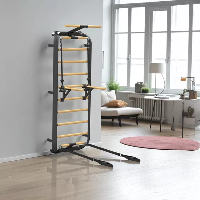 Wielofunkcyjna drabinka gimnastyczna inSPORTline Wootkit 220×86 cm ∙ 8 szczebli ∙ nośność 150 kg ∙ stal/drewno bukowe ∙ drążek ∙ akcesoria