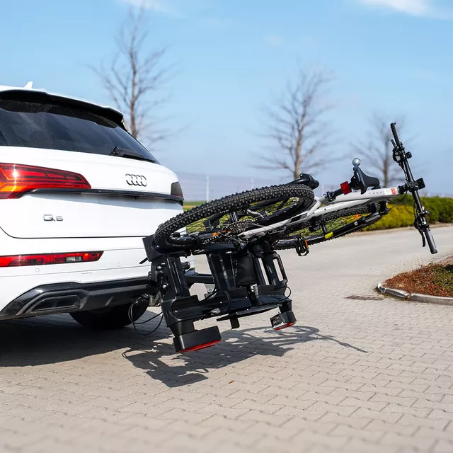 Bagażnik rowerowy na hak inSPORTline Trekan 2 Elektro ∙ na 2 rowery ∙ do e-bike ∙ nośność 60 kg ∙ odchylany ∙ platforma