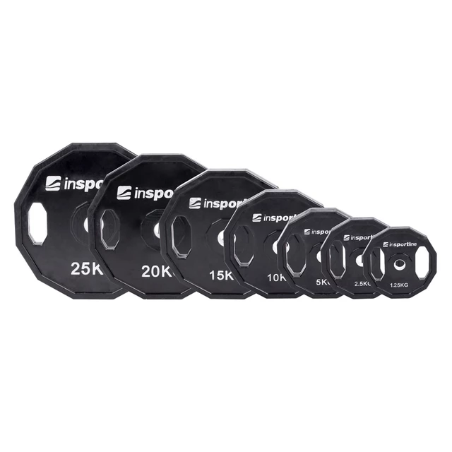 Gumowane obciążenia inSPORTline Ruberton 30 mm 1,25-25 kg ∙ otwór 30 mm ∙ uchwyty boczne ∙ 12-kątny kształt