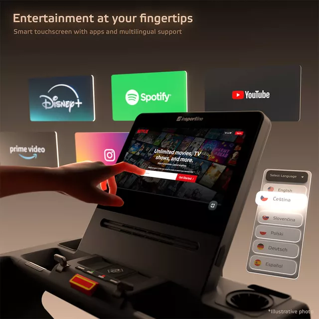 Profesjonalna bieżnia elektryczna inSPORTline Velocer Run ∙ silnik AC 6 KM ∙ 25 km/h ∙ 180 kg ∙ 15 poziomów ∙ Wi-Fi ∙ dotykowy ekran